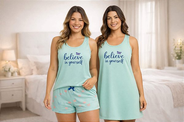 Kit Pijama Feminino Camisola e Short Doll Borboleta Conforto