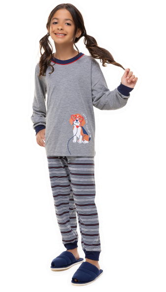 Pijama Longo Infantil Menina Dog Cinza Listrado Inverno