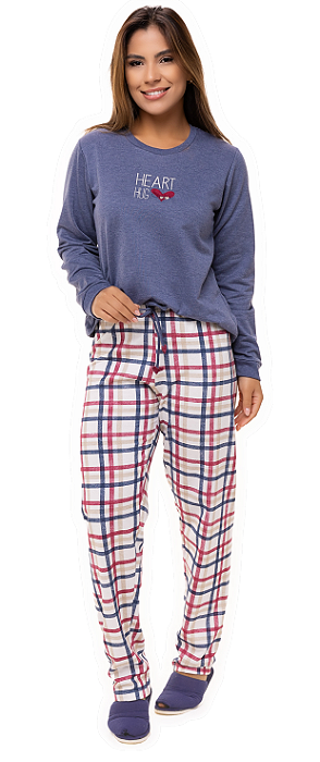 Pijama Longo Feminino Xadrez Azul Heart Hug Inverno