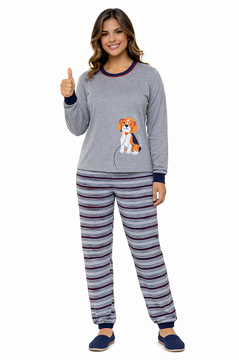 Pijama Longo Feminino Dog Mescla Cinza Listrado Inverno