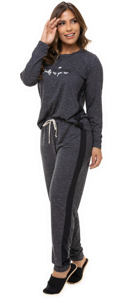 Pijama Longo Feminino Liso Mescla Cinza Escuro Confortável