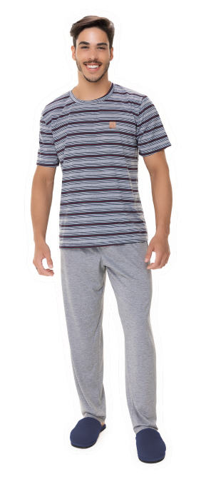 Pijama Masculino Camiseta Manga Curta Listrado Inverno