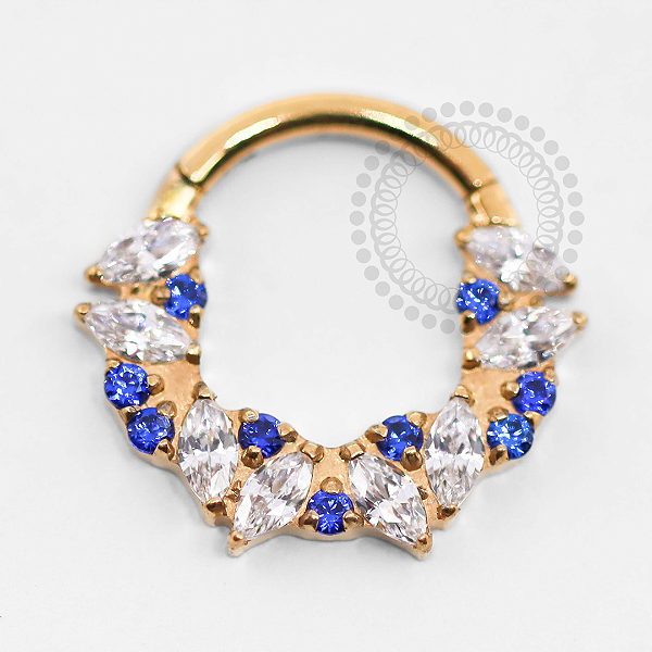 TN1387 Segmento Frontal 8mm CZ Cristal e Safira Titânio PVD Gold