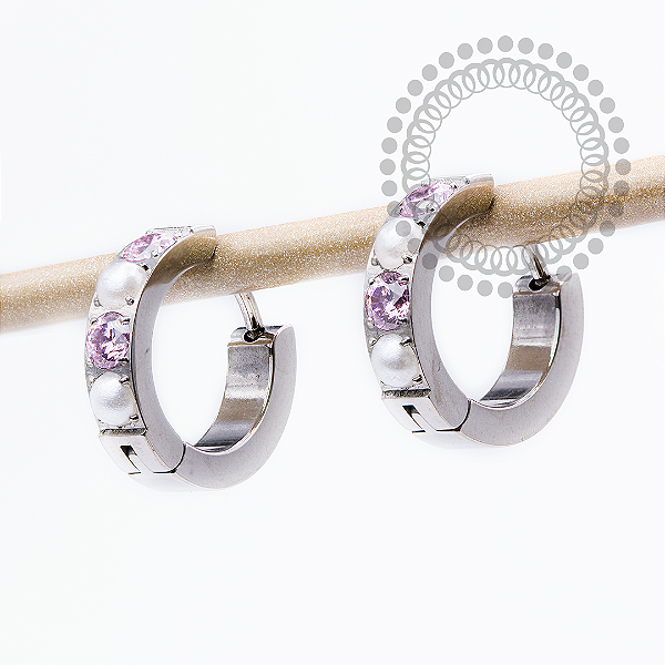 TN2441 Brinco Argola CZ Rosa e Pérolas Titânio ASTM F136