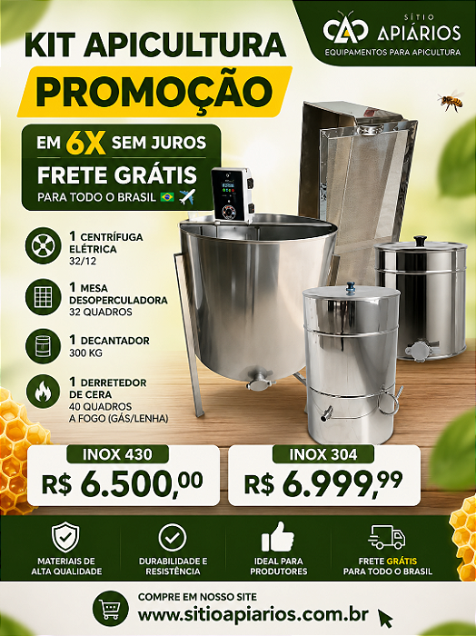 Kit Centrífuga Elétrica 32 + Mesa Desoperculadora 32 Quadros + Decantador 300kg + Derretedor 40 quadros em Inox