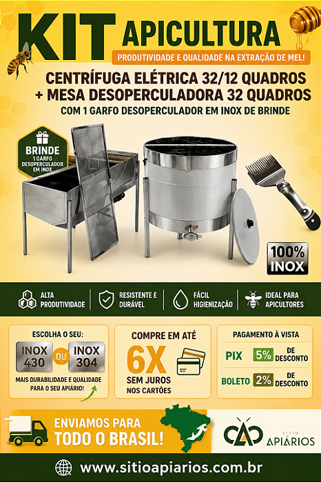 kit - Centrífuga Elétrica 32 Quadros + Mesa desoperculadora 32 Quadros + Brinde em Inox