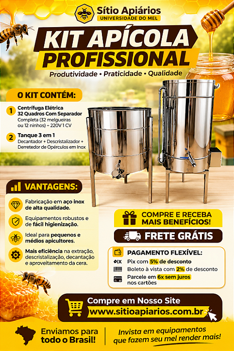 Kit Apicultura - Centrifuga Elétrica 32 Quadros + 3 em 1 Derretedor/Decantador/Descristalizador