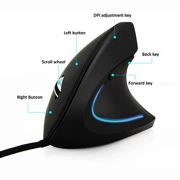Mouse vertical com fio da mão direita, Ergonômico, RGB com DPI 800 A 3200.