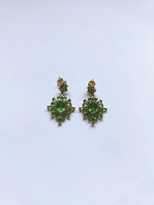 Brinco Cravejado Verde Semi Joia Elegante