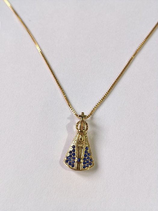 Colar Nossa Senhora Dourado com Pedras Azuis
