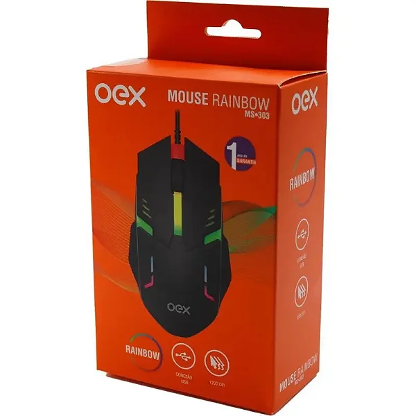 MOUSE OPTICO MS303 RAINBOW 1200 DPI PRETO USB 50.0094 OEX