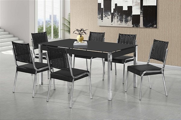 CONJUNTO MESA FACINARE CR RT. 1,60X0,90 VD SERIG-6 CAD.RAINHA NEW JUNCO PRETO CR - B - BC-83 - PRT - VPR