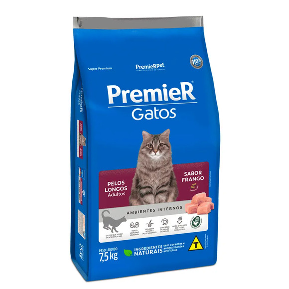 Premier Ambientes Internos Gatos Adultos Pelos Longos Frango 7,5 kg