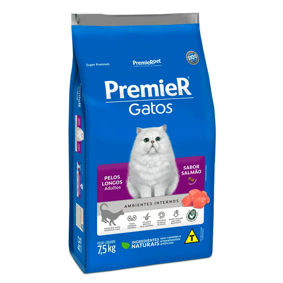 Premier Ambientes Internos Gatos Adultos Pelos Longos Salmão 7,5 kg