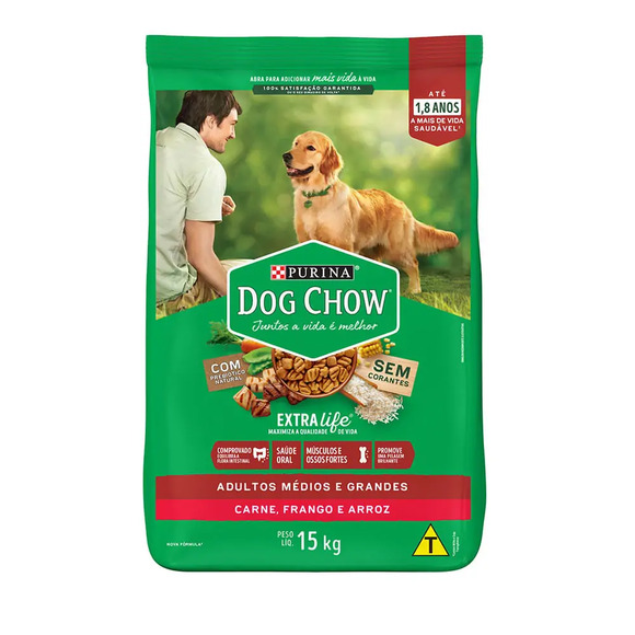 Dog Chow Cães Adultos Médios e Grandes Carne, Frango e Arroz 15 kg