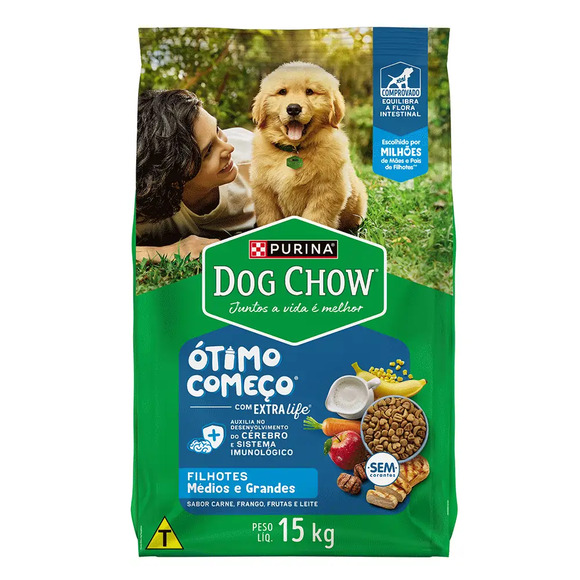 Dog Chow Cães Filhotes Médios e Grandes Carne, Frango e Arroz 15 kg