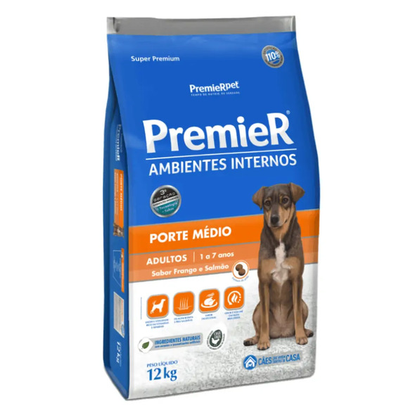 Premier Ambientes Internos Cães Adultos Porte Médio Frango e Salmão 12 kg