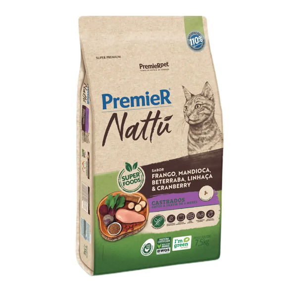 Premier Nattu Gatos Adultos Castrados Mandioca 7,5 kg