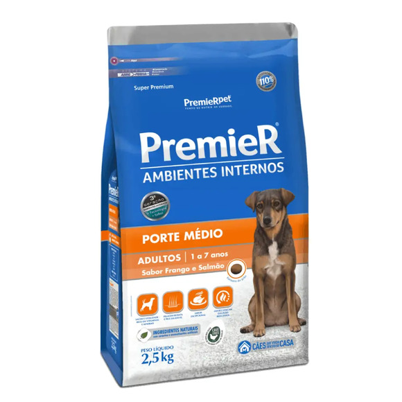 Premier Ambientes Internos Cães Adultos Porte Médio Frango e Salmão 2,5 kg