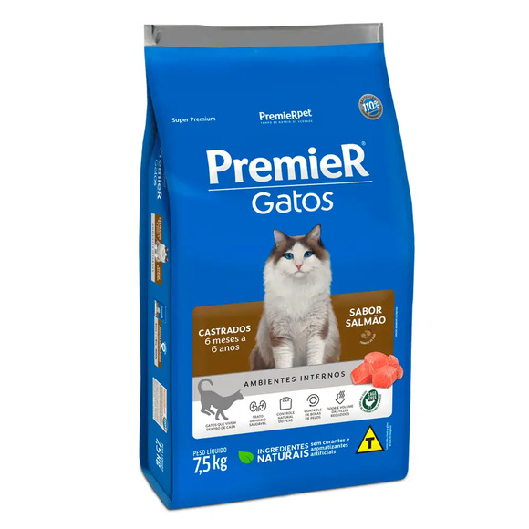 Premier Ambientes Internos Gatos Castrados 6 Meses a 6 Anos Salmão 7,5 kg