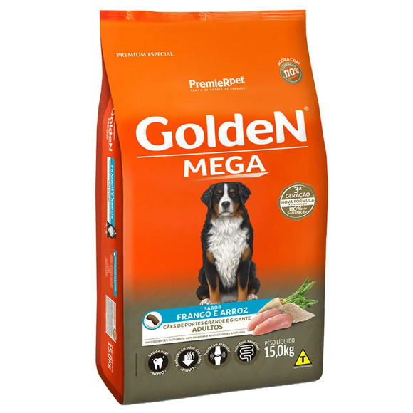 Golden Mega para Cães Adultos Raças Grandes Frango e Arroz 15 kg