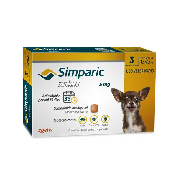 Antipulgas Simparic 5mg Para Cães 1,3 a 2,5kg 3 comprimidos