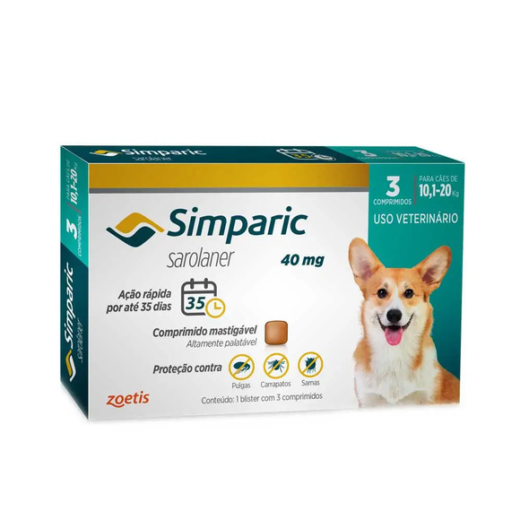 Antipulgas Simparic 10 a 20kg Cães 40mg 3 comprimidos