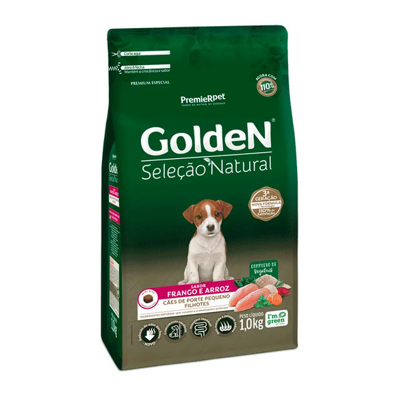 Golden Seleção Natural Cães Filhotes Porte Pequeno Frango e Arroz Mini Bits 1 kg