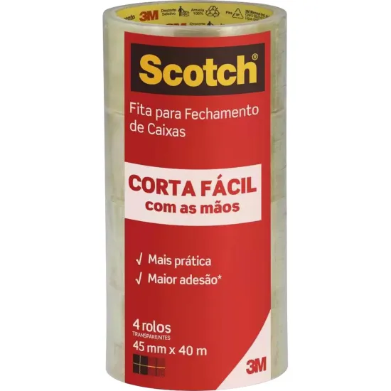 Fita de Empacotamento 45mm x 40m Corta Fácil Transparente 3M (4 Un)