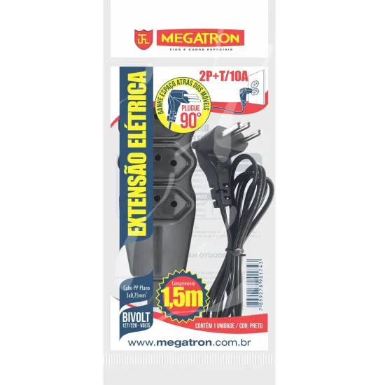 Extensão Tripla 90° 1,5M 10A 2P+T Megatron Preto