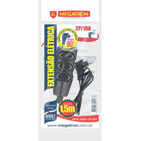 Extensão Tripla 90° 1,5M 10A 2P Megatron Preta
