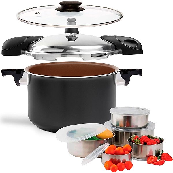 Panela de Pressão 2 em 1 com Tampa de Vidro Temperado e Indução Brinox Pressure Antiaderente Ceramic Life 5,4 L Preto com Conjunto de Potes Inox