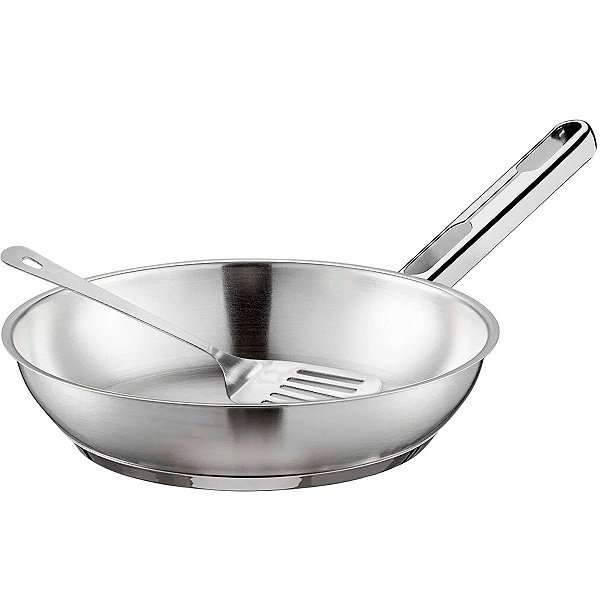 Frigideira 24cm Tramontina Allegra em Aço Inox e Indução 2,1L com Espátula Vazada em Aço Inox