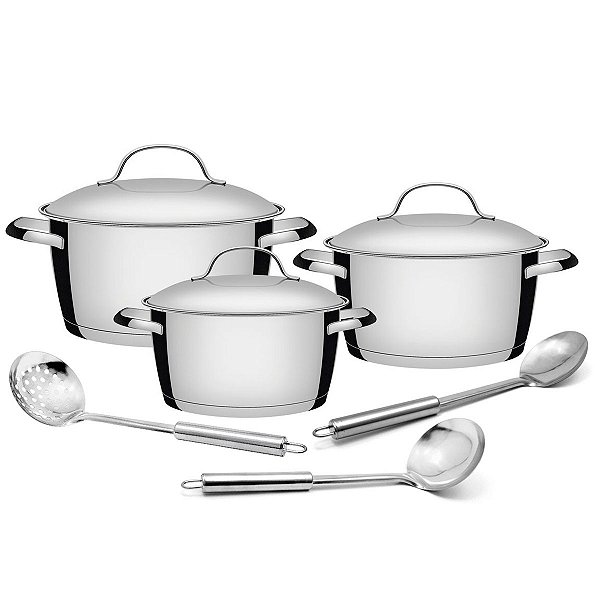 Jogo de Caçarolas 3 Peças Tramontina Allegra Indução com Jogo de Utensílios Aço Inox
