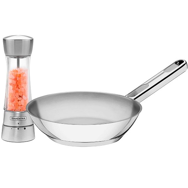 Frigideira 24cm Tramontina Allegra em Aço Inox e Indução com Moedor sal e Pimenta Inox