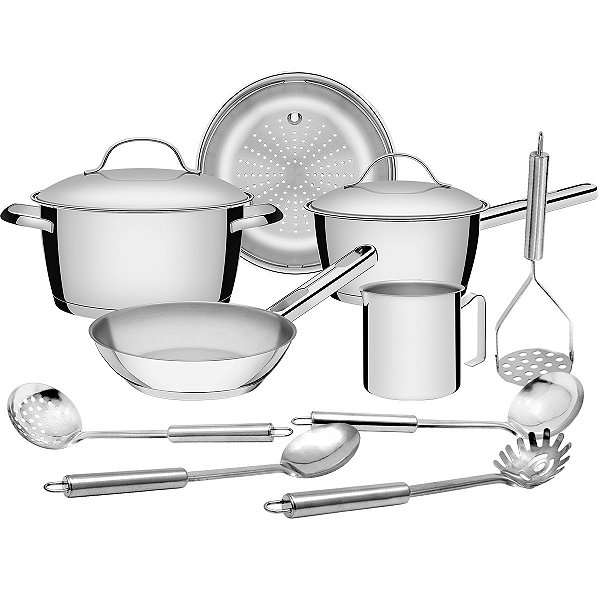 Jogo de Panelas Tramontina Allegra em Aço Inox com Fundo de Indução e Utensílios Inox Tubular 10pçs