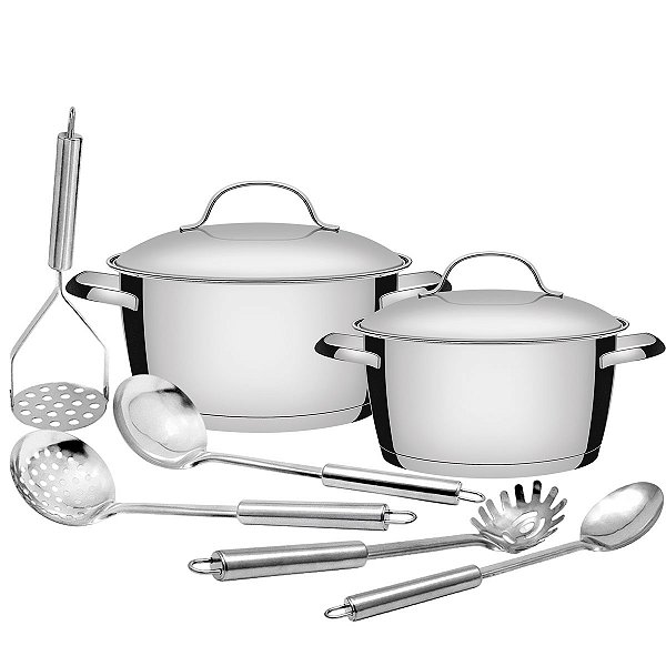 Jogo de Panelas Tramontina Allegra em Aço Inox com Indução e Utensílios em Inox - 7 Peças
