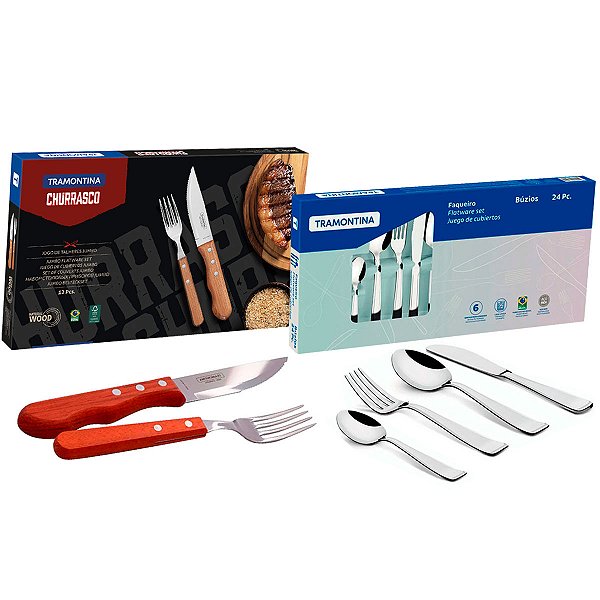 Conjunto de Faqueiros para Churrasco e Cozinha Tramontina Buzios e Jumbo em Aço Inox e Madeira Natural - 36 Peças