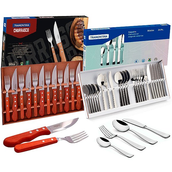Conjunto de Faqueiros para Churrasco e Cozinha Tramontina Buzios e Jumbo em Aço Inox e Madeira Natural - 72 Peças