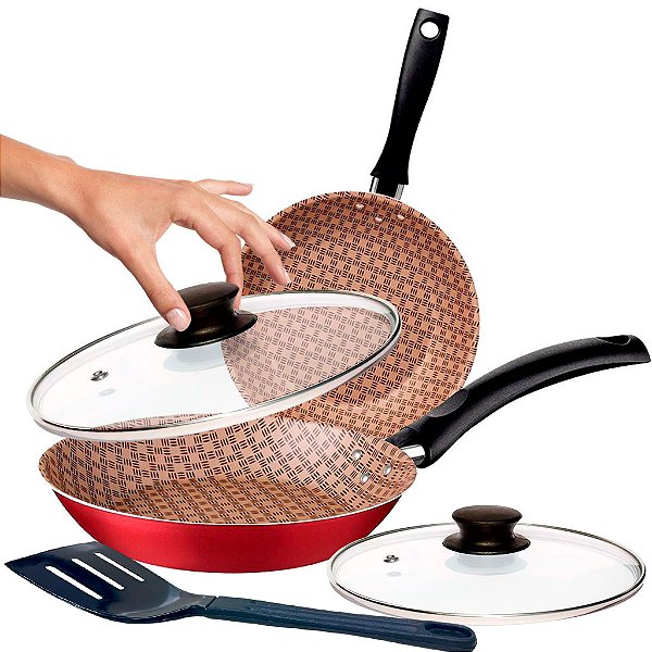 Jogo de Frigideiras com Tampa Tramontina Turim em Alumínio Antiaderente Vermelho 02 Peças