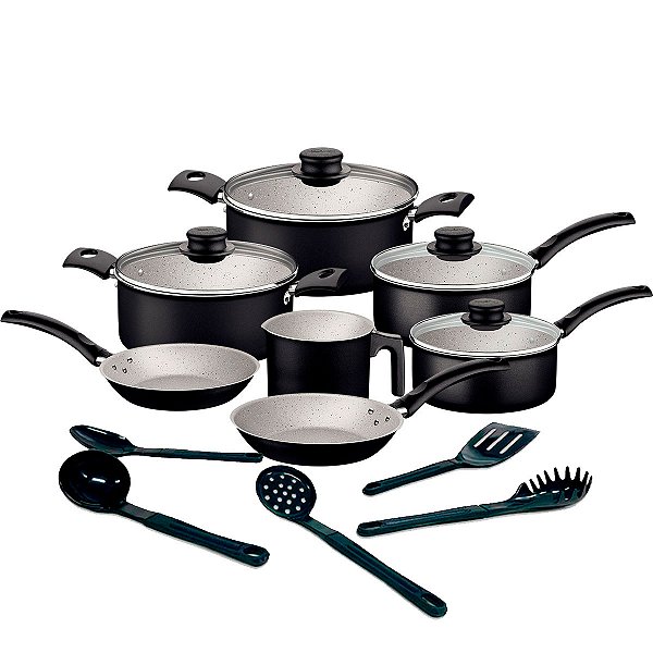 Jogo de Panelas 12 Peças Tramontina Turim Antiaderente com Conjunto de Utensílios 5 pçs Preto