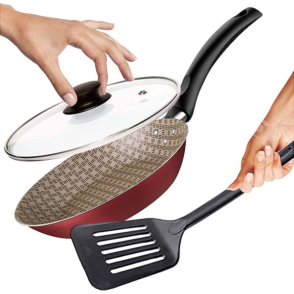 Frigideira Vermelha 24cm Tramontina Turim com Tampa de Vidro e Espátula de NylonPreta