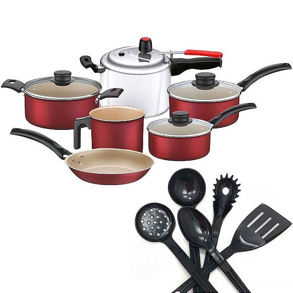 Jogo de Panelas 5 Peças Tramontina Turim com Panela de Pressão 4,5L Clock e Jogo de Utensílios de Nylon