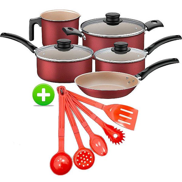 Jogo de Panelas Tramontina Turim Alumínio 5 Peças e Conjunto de Utensílios 5 peças