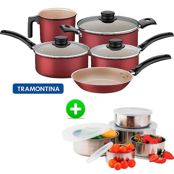 Jogo de Panelas Tramontina Turim Alumínio 5 Peças e Conjunto de Tigelas inox 5 peças