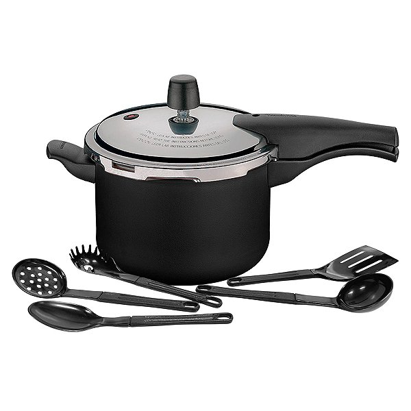 Panela de Pressão 4,5L Tramontina Vancouver Alumínio Antiaderente Preto com Jogo de Utensílios Preto