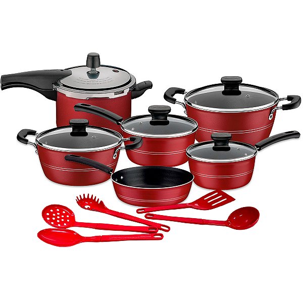 Jogo de Panelas 5 Peças Tramontina Sicília Vermelho com Panela de Pressão Vancouver 4,5L e Jogo de Utensílios