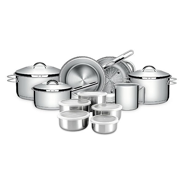 Jogo de Panelas Tramontina Solar em Aço Inox com Jogo de Potes de Inox 5 Peças