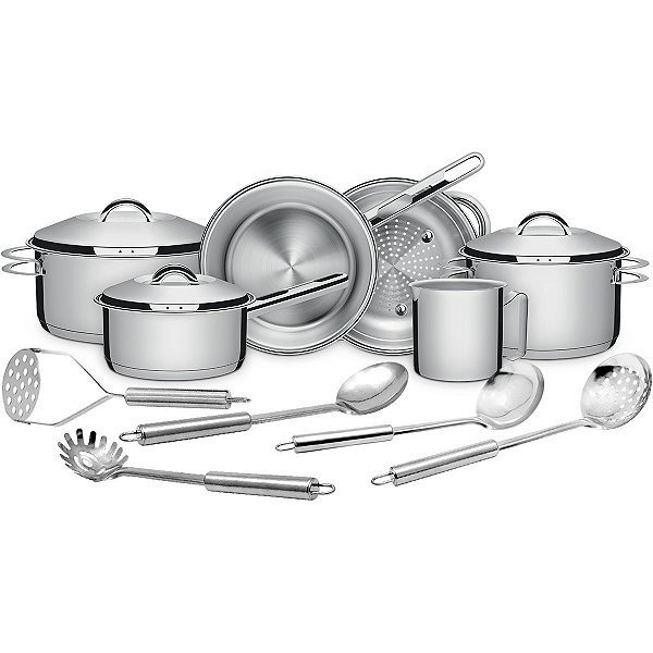 Jogo de Panelas em Aço Inox Tramontina Solar com Indução e Utensílios em Inox 11pçs