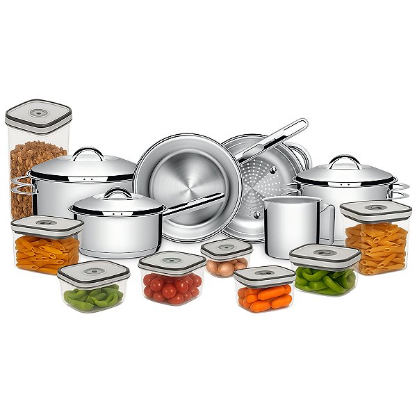 Jogo de Panelas Tramontina Solar em Aço Inox com Fundo Triplo e Indução com 8 Potes Herméticos Electrolux